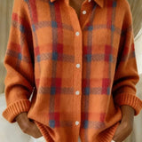 Megan | Moters Plaid Mygtukinis Megztinis