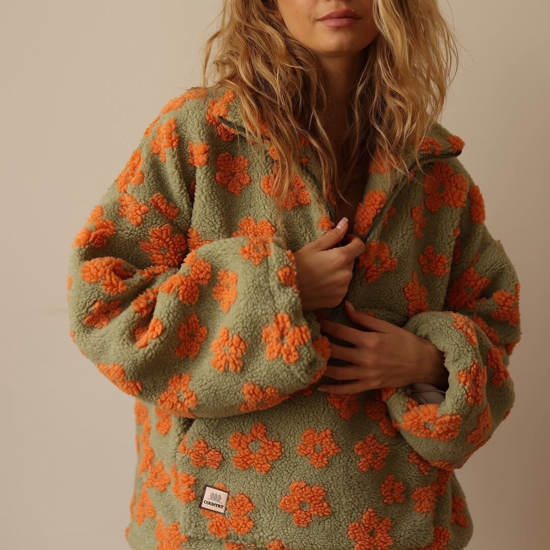 Hazel | Patogus Gėlių Sherpa Fleece Megztinis