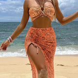 Dorina – Boho bikini rinkinys su bandeau viršumi ir paplūdimio sijonu