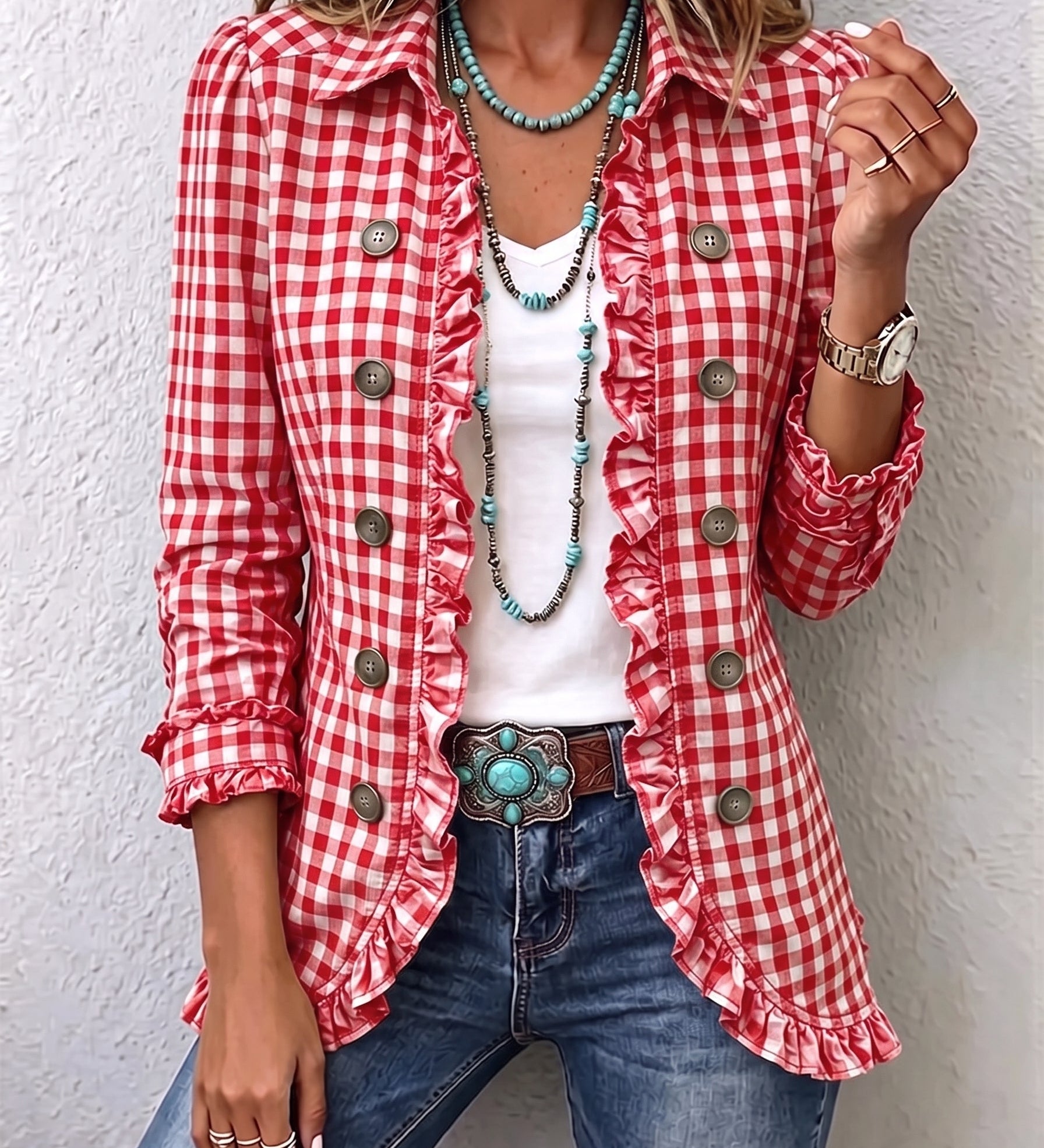 Charlene | Gingham Rufflesmygtukinė striukė moterims