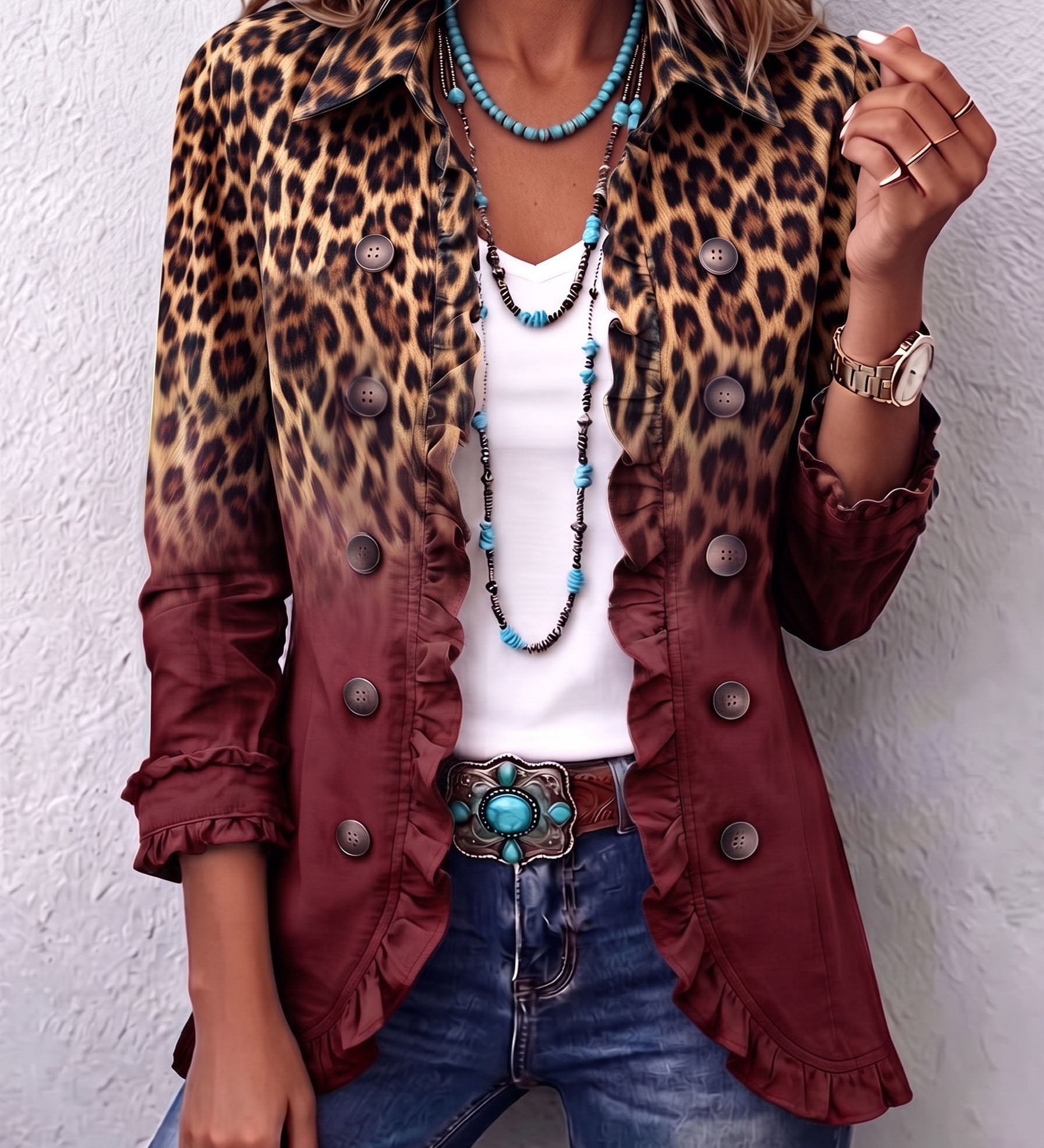 Elspeth | Leopardo Ombre Ruffles Švarkas Moterims