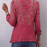 Anouk | Vintage Paisley Raštuotas Ruffles Švarkas Moterims